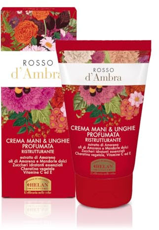 Helan, Amber Red - Scented and Restructuring Hand and Nail Cream for Dry and Cracked Skin, Moisturizing Cream with Antioxidant Vitamin C and Vitamin E and Repairing Sweet Almond Oil, 50 ml