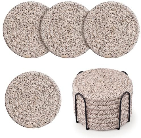 Geichan Drink Coasters with Holder, 4 Colors Absorbent Coasters, Cotton Woven Coasters Set of 8 for Table Protection, Home Decor, Glasses, Cups, Bar, Housewarming Gift