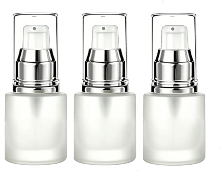 Happyupcity 3 botellas vacías transparentes de vidrio esmerilado para loción de 15 ml, tarros de cosméticos, contenedores de viaje, dispensador de bomba para crema emulsión y base de tóner
