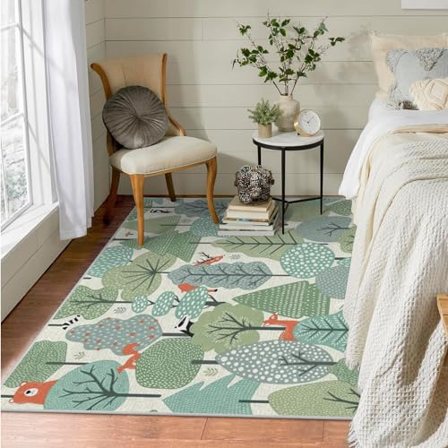 buyluhn Waschbar in Waschmaschine Wohnzimmer Teppich Waldtiere 100x150 Kurzflor Teppich Schlafzimmer, Grün Teppich Gegend Dünn Bettvorleger Saugfähig für Jugendzimmer Jungen Mädchen