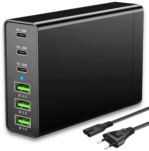 Caricatore USB C, 96 W, GaN 6 porte, stazione di ricarica multipla, caricatore rapido PD USB C, caricatore da scrivania compatibile con iPhone Samsung/Xiaomi/Tablet/Smartwatch