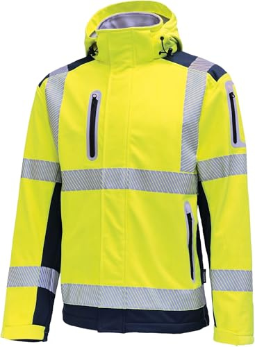 Vizwell Warnschutz Softshelljacke leuchtorange leuchtgelb-marine mit Kapuze vw177t