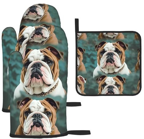 Ofenhandschuhe und Topflappen, 3-teiliges Set, Kochhandschuh, lustige englische Bulldogge, Ofenhandschuh, hitzebeständig, Ofenhandschuh zum Kochen, Küche, Ofenhandschuhe, rutschfeste Ofenhandschuhe