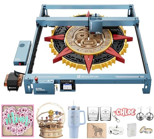 SCULPFUN S70 Max 70 W Machine à graver laser avec Air Assist 50 l, axe Z automatique, autofocus, zone de gravure 830 x 800 mm, vitesse de gravure 36000 mm/min, découpe laser pour bois
