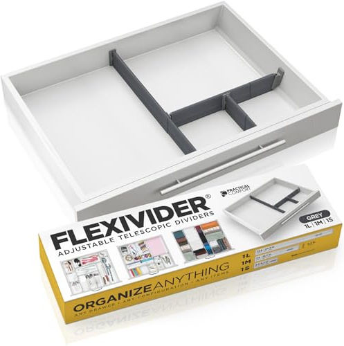 PRACTICAL COMFORT Verstellbarer Schubladen-Organizer – FLEXIVIDER Teleskop-Aluminium-Schubladenteiler (Set aus 1 Lang, 1 Mittel, 1 Kurz, Grau) für anpassbare Aufbewahrung