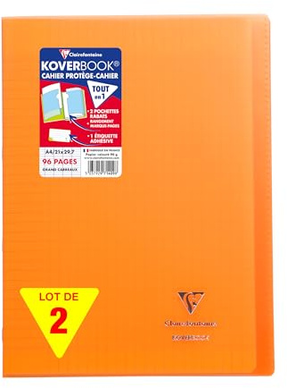 Clairefontaine 971409AMZC Lot de 2 Cahiers Agrafés Koverbook - A4 21x29,7 cm - 96 Pages Grands Carreaux - Papier Blanc 90 g - Couvertures Polypro orange