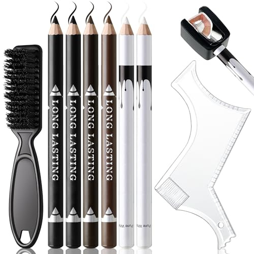 Noerrors Barber Pencil for Lineup Magic Hairline Beard Guide Shaping Pencils Barber Chalk for Design Hairline Razor Trace Black Brown White Barber Pencils Set with Sharpener Ruler Brush for Men