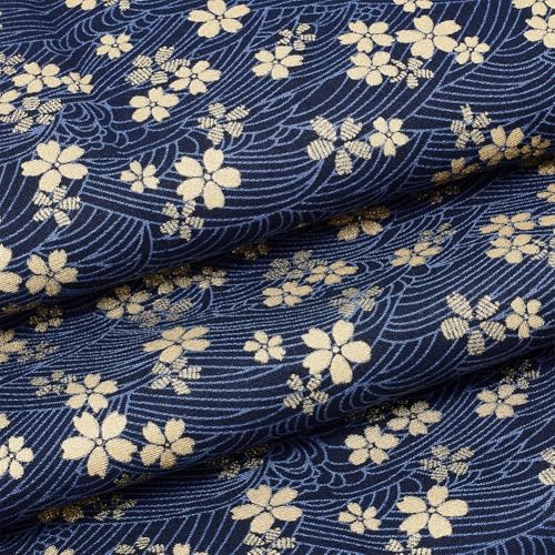 MAYJOYDIY 1×1.5 m Blauer Baumwollstoff Japanische Quilt Patchwork Stoffe Paket Goldener Kirschblüten Und Wellen Druckstoff Für Taschen Tischdecken Sofakissen