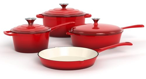 Kitchen Academy, Enameled Cast Iron Cookware Set, 7 Piece Set of Dutch Ovens, Sauce Pan, Skillet, 3 Lids, Dutch Oven Set, Pots and Pans Set Nonstick (Red)