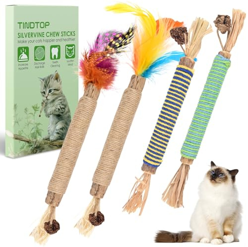 TINDTOP Catnip Chew Toys for Cats, 4 Pack Natural Silvervine Sticks for Kittens Teeth Cleaning, Matatabi Dental Care, Increase Appetite, Aggressive Chewers Cat Dental Toy