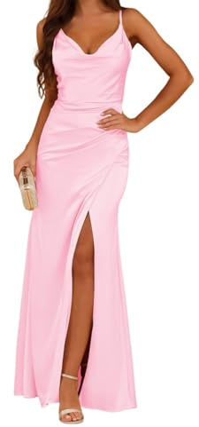 Prinsessa brudtärna klänningar spagettiremmar balklänningar satin formell kväll fest maxiklänning med slits ZM237, Rosa, 32