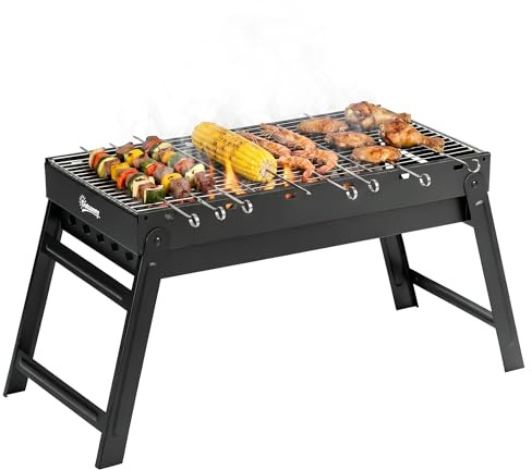 Outsunny Portable Charcoal Grill with Pull-Out Charcoal Basin, Folding Tabletop Barbecue, Compact Camping BBQ, Galvanised Metal, 73 x 31 x 38 cm, Black