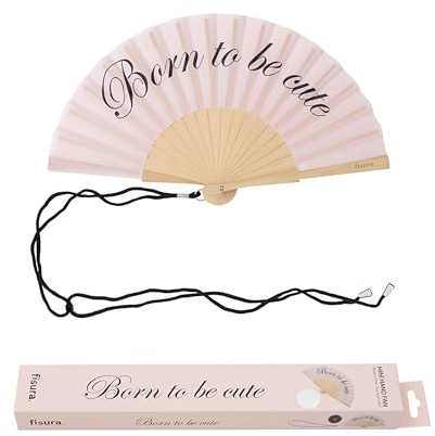 Abanico original con mensaje “born to be cute”. Abanico de madera moderno y colorido. Ventilador de mano mini rosa. Colgador incluido. Medidas: 34,5 cm x 23 cm
