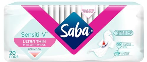 Saba Sensiti-V Ultra Thin Regular Sanitary Napkin Pads with Wings, 4-Pack of 20 Pads (80 Count)