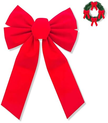 Nevoluxer 1 Pièce Gros Noeud Cadeau en Velours Rouge - Arc de Noël 23x27cm pour Sapin, Porte et Cheminée. Décoration Festive sans Montage.