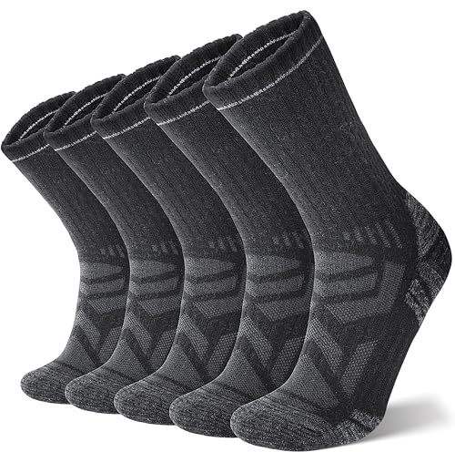 ANTSANG Merino Wool Hiking Socks, Enhanced Breathability, Targeted Cushion Thermal Socks for Men and Women, 5 Pairs(Black, L)