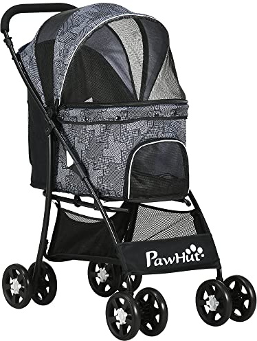 PawHut Passeggino per Animali Taglia Piccola e Mini con Cesto, Tettuccio a 4 Livelli, Cuscino e 2 Guinzagli, Passeggino per Gatti con 2 Freno in Acciaio e Tessuto Oxford, 81x48x99 cm, Nero e Grigio