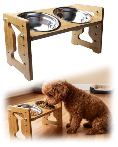 Hundenapf Erhöht, Höhenverstellbar Futternapf mit Ständer, Futternapf Hund Erhöht, Futterstation Hund, Futterbar Futterstation Bambus für Kleine Hunde und Katzen, mit 2 Edelstahlnäpfen