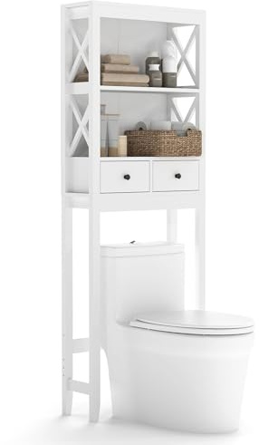 COSTWAY Mobile Sopra Lavatrice con Ripiani Aperti e Cassetti | Armadietto da Bagno Indipendente con Barra Inferiore Regolabile, Mobile Sopra WC Salvaspazio, 60 x 20,5 x 165 cm
