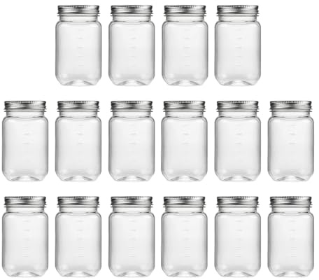 novelinks 16 oz Plastic Mason Jars and Clear Plastic Containers with Lids | 16 Pack, Silver, 16 oz Plastic Jars with Lids, Candy Jars, Decorative Jars, Storage Jars, Mason Jars for Centerpieces