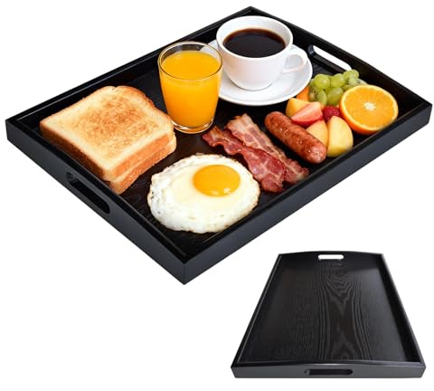 Grand plateau de service rectangulaire en bambou avec poignées - 40 x 28 x 4 cm - Pour cuisine, salle de bain, fête, thé, collation, dessert (noir)
