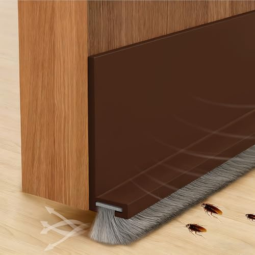 SYCEES Marron Joint de Porte avec Brosse 100cm x 5cm Auto-Adhésif Étanche | Caoutchouc, Fibres Boudin de Porte, Bas de Porte Isolation Phonique et Anti Froid Poussières et Insectes Coupe à Mesure