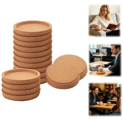 Korkuntersetzer Rund mit Rand, 10cm Kork Untersetzer Absorbierende HitzebestäNdige Runde Kork Untersetzer für BüRo Küche und Esstisch, Holz Matte Tischoberflächenschutz für Meisten Tassen (16PCS)