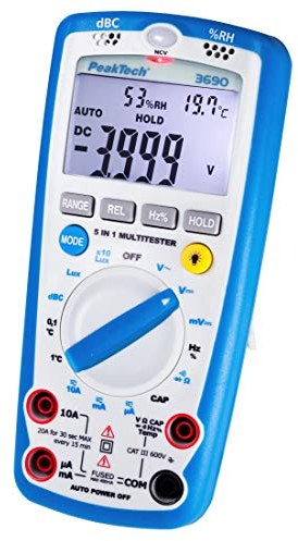 Peaktech 3690 – Multimetro Digitale 5 in 1, Luxmetro, Fonometro, Misuratore di Umidità, Voltmetro, Termometro, Multimetro Manuale, Tester di Continuità, 4000 Conteggi - 600 V