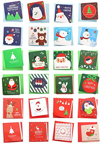 Rayker 24 Pack RQKER Mini Christmas Greeting Cards & Envelopes, Cute Stweety Small Size 3“ x 3 Merry Christmas Greeting Cards Festival Colors (Pack of 24)
