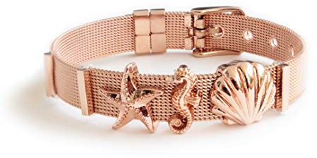 LIKERY Oceanlover Set | Charmband mit 3 Charms – Muschel, Seestern, Seepferdchen | Stainless Steel Mesh Armband für Frauen | In Gold, Rosé Gold und Silber