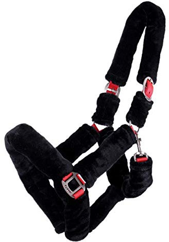 QHP Halfter Alaska komplett mit weichem Teddy-Kunstfell bezogen (Warmblut, Rot/Schwarz)