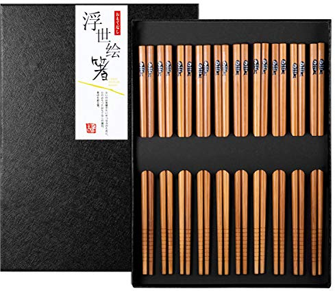 10 Paar Essstäbchen Japanisch Bambus Chopsticks Wiederverwendbar Waschbar Eßstäbchen Set mit Schwarzer Geschenkbox für Asiatisches Geschirr, Fisch