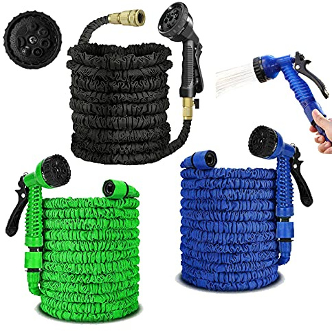 Garden Hose 200ft 60m Expandable Garden Hosepipe Strongest Double Latex Inner Tube with 7 Function Spray Gun Universal Connector Retracted Length 26ft for Pets Car Garden Patio Window-1 Year Warranty