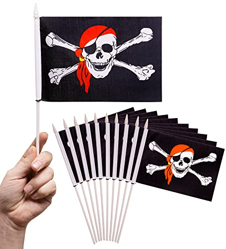PHENO FLAGS Bandera pirata pequeña - 10 piezas - 12,7 x 20,32 cm - asta de 30 cm - tejido de poliéster, minibandera con motivo pirata para cumpleaños infantiles y fiestas de disfraces