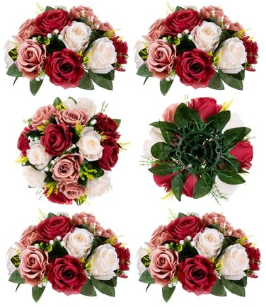 BLOSMON Blumenstrauß Blumengestecke Künstlich Deko Rose 6 Pcs Burgund Creme weiß Künstliche Blumenstrauss Blumen Tischdekoration Blumenkugel Valentinstag Rosenstrauss for Hochzeit Muttertagsgeschenk
