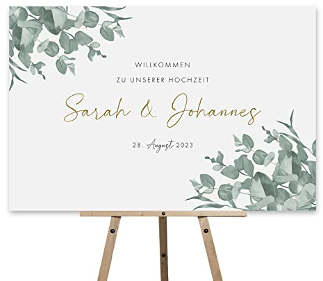 HEI Print Willkommensschild Hochzeit Eukalyptus mit Datum und Namen, personalisierte Hochzeitsdekoration, Hochzeitsdeko, Willkommen Schild, Grün, 60x40 (Leinwand)