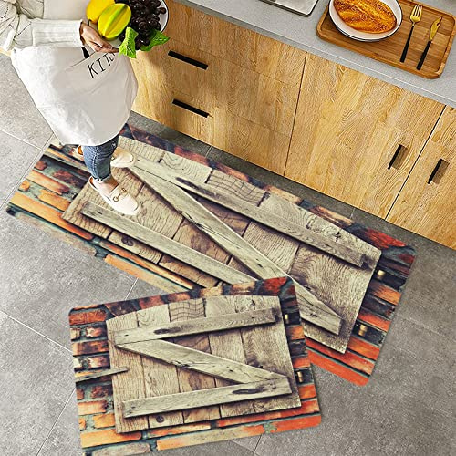 Küchenteppich Teppich Läufer Küchenläufer 2 Stück,Rustikales Naturmaterial Holzfenster eines Landhauses aus rotem Backstein, idyllisches pastorale,Rutschfest waschbar für Flur Küche 40x60 cm+40x120 cm