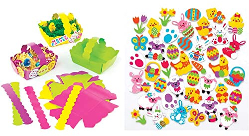 Baker Ross ET884 Easter Coloured Baskets (Pack of 12) Craft for Kids to Decorate and Fill with Eggs or Gifts & Easter Foam Stickers - Pack of 200, Easter Crafts, Craft for Kids (AX774)