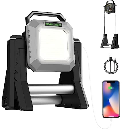 Tekstap USB Rechargeable LED Baustrahler Akku mit Stativ, 6000LM 15000mAh Wiederaufladbare LED Tragbare Arbeitsleuchte Akku, IP65 LED Strahler Akku für Garage, Baustelle, Garten, Angeln