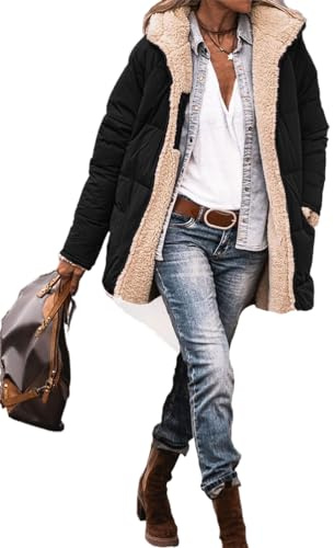 ORANDESIGNE Femme Manteaux Courte Chauds D'hiver Réversible Sherpa Polaire Longues Doudoune Vestes Bouffantes à Capuche Vêtements D'extérieur A Noir XL