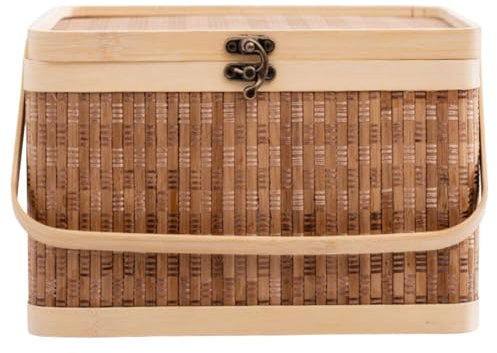 Panier de pique-nique en osier avec couvercle et poignée - Panier en copeaux de bois naturel tissé - Panier de rangement pour œufs de Pâques - Panier de rangement pour fruits et fruits - 28 cm