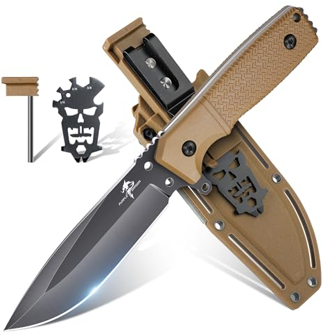 Purple Dragon Khaki Survival Messer mit Kydex Scheide, Full Tang Outdoor Messer Feststehend aus einem Stück D2 Stahl, Survival Messer für Bushcraft Camping, Geschenke für Männer