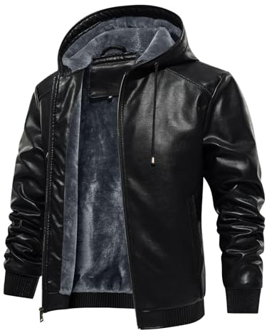 Uusollecy Giacca Pelle Uomo Invernale in Pelle Sintetica con Cappuccio Imbottita Antivento e Chiusura Lampo,Nero,M