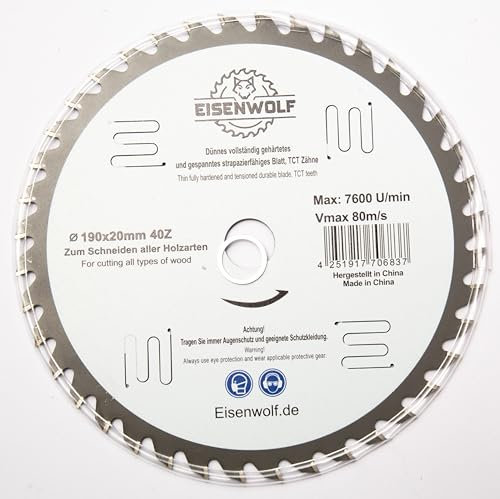 Lama per sega circolare, 190 x 20 mm, per legno con 40 denti TCT inclinati e tagli laser per ridurre il rumore