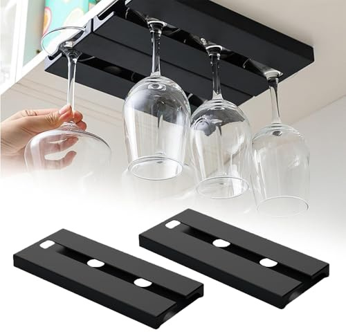Oiieco 2 Stück Weinglashalter Hängend, Selbstklebend & Kein Bohren, Gläserhalter Unter Schrank, Stemware Rack Platzsparend, Stabil & Elegant für Küche, Bar, Restaurant & Hotel, Schwarz