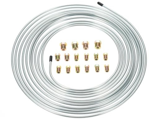 Shkalacar 25 ft 3/16'' Auto Kupfer Bremsleitung, Bremsleitungsschlauch Set mit 16 PCS-Anschlüssen für das hydraulische Bremssystem, Das Kraftstoffsystem, das Übertragungssystem(Silber)