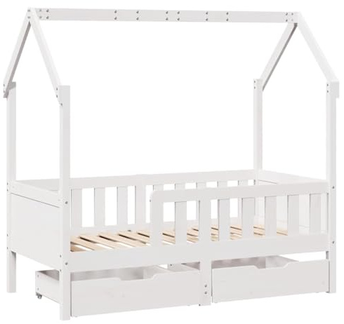 vidaXL Kinderbett, Hausbett mit Schubladen, Spielbett mit Rausfallschutz Lattenrost, Holzbett Bettgestell Kinderzimmer, 70x140cm Massivholz Kiefer