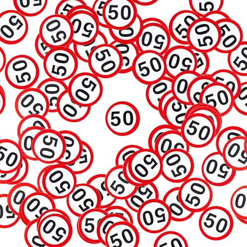 Tiwoca Deko zum 50. Geburtstag – rot-weißes Konfetti mit Verkehrsschild-Optik Zahl 50 – Ausgefallene Geburtstagsdeko und lustige Geschenkideen für Männer und Frauen