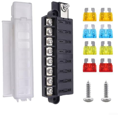 Automotive Marine 8-fach Sicherungskasten für ATO ATC Sicherungen, kompatibel mit 32 V DC 100 A Max Plusblock-Klemmleiste mit transparenter Abdeckung M5 Bolzen, 4,5 mm Befestigungsloch