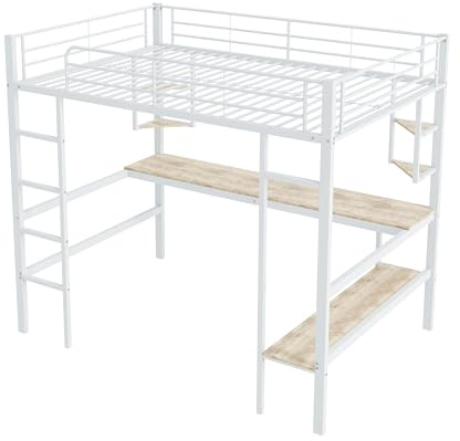 Azkoeesy Cama alta de metal con escritorio de 2 metros, 140 x 200 cm, litera, cama doble, con somier y rejilla, con protección contra caídas y estanterías, para adolescentes y adultos, color blanco